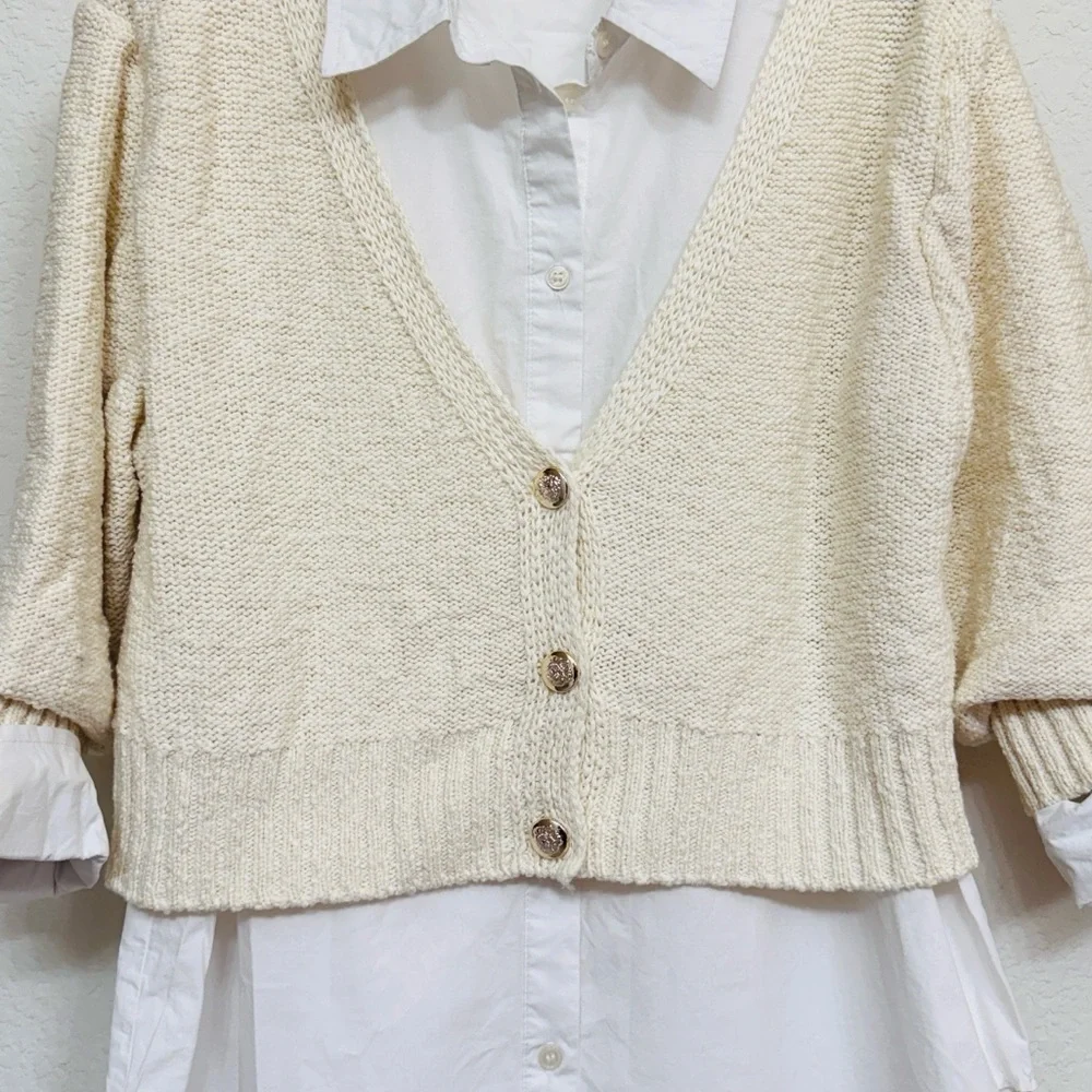 Elan • Cream Knit Cardigan with Attached White Button Up Shirt - Picture 3 of 4